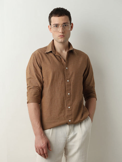 SELECTED HOMME BROWN LINEN FULL SLEEVELESS SHIRT