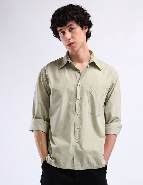 Flying Machine Light Green Spread Collar Cotton Shirt