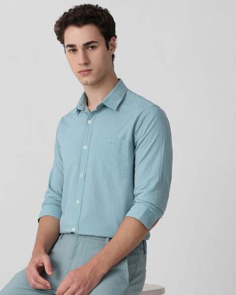 Mufti Turq Cotton Linen Plain Slim Fit Casual Shirt
