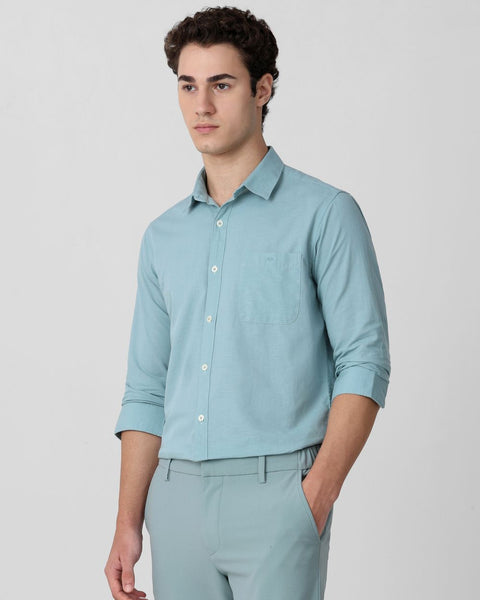 Mufti Turq Cotton Linen Plain Slim Fit Casual Shirt