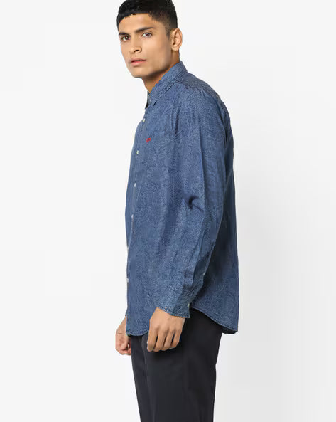 ED HARDY Printed Denim Shirt with Curved Hemline
