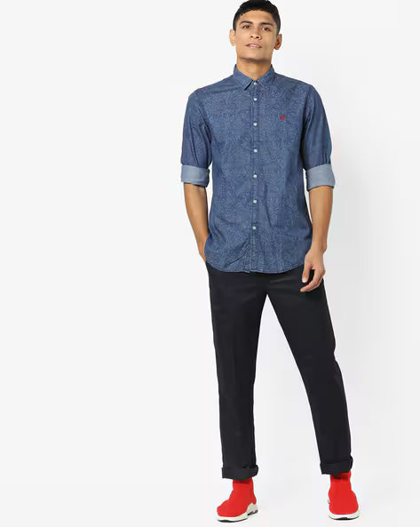 ED HARDY Printed Denim Shirt with Curved Hemline