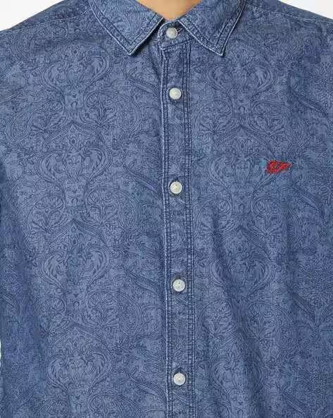 ED HARDY Printed Denim Shirt with Curved Hemline