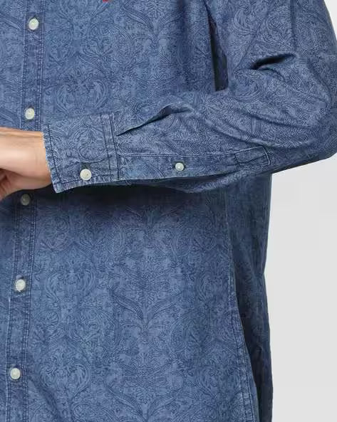 ED HARDY Printed Denim Shirt with Curved Hemline
