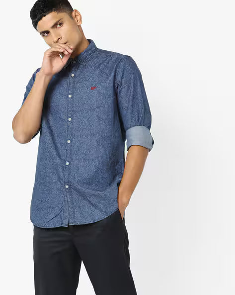 ED HARDY Printed Denim Shirt with Curved Hemline