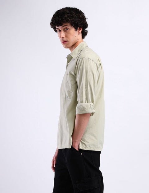 Flying Machine Light Green Spread Collar Cotton Shirt