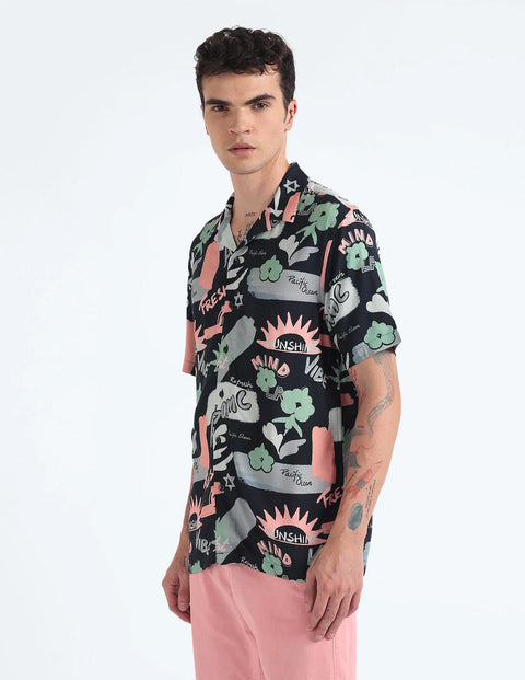Flying Machine Cuban Collar Graphic Print Shirt