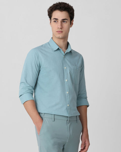 Mufti Turq Cotton Linen Plain Slim Fit Casual Shirt