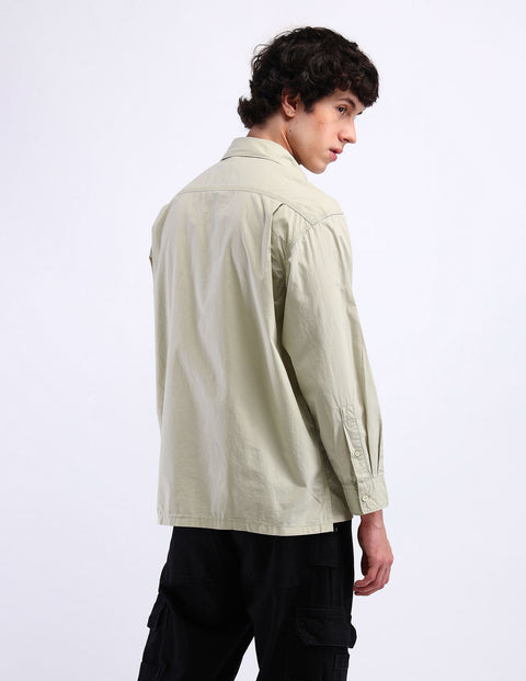 Flying Machine Light Green Spread Collar Cotton Shirt
