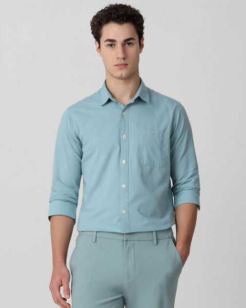 Mufti Turq Cotton Linen Plain Slim Fit Casual Shirt