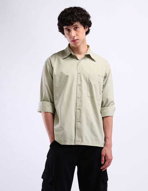 Flying Machine Light Green Spread Collar Cotton Shirt