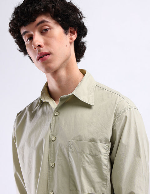 Flying Machine Light Green Spread Collar Cotton Shirt