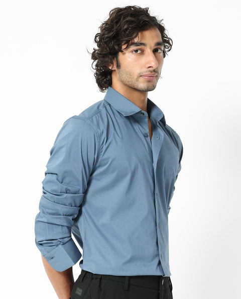 RARE RABBIT COTTON STRETCH PLAIN SHIRT BENEDICT - LIGHT BLUE