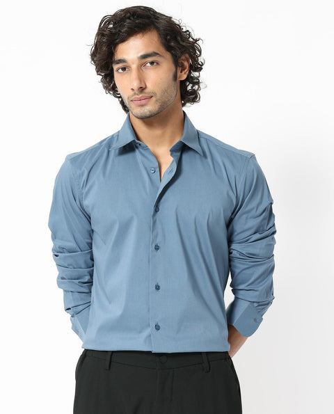 RARE RABBIT COTTON STRETCH PLAIN SHIRT BENEDICT - LIGHT BLUE