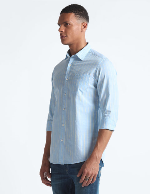 Flying Machine Vertical Striped Spread Collar Slim Fit Pure Cotton Casual Shirt
