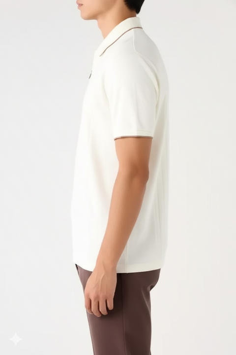 denim and flower Zip Contrast Polo