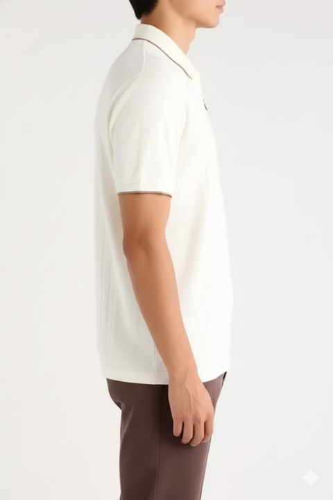 denim and flower Zip Contrast Polo