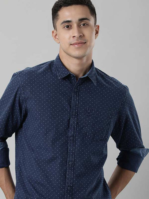 Indian terrain Blue Men Printed Full Sleeve Cotton Shirt