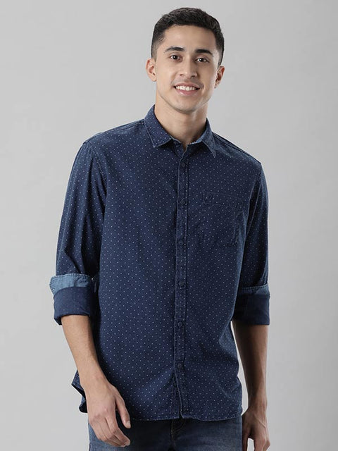 Indian terrain Blue Men Printed Full Sleeve Cotton Shirt