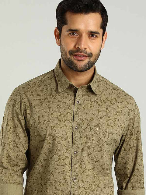 Indian terrain Khaki Men Printed Full Sleeve Cotton Shirt