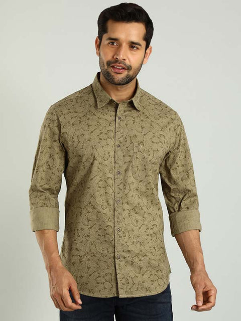 Indian terrain Khaki Men Printed Full Sleeve Cotton Shirt