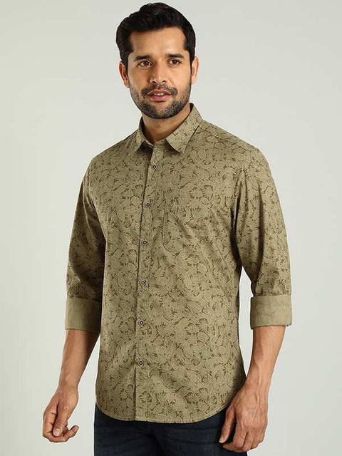 Indian terrain Khaki Men Printed Full Sleeve Cotton Shirt