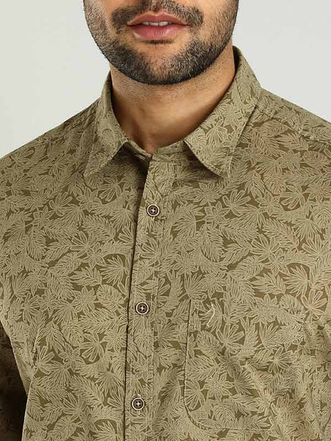 Indian terrain Khaki Men Printed Full Sleeve Cotton Shirt