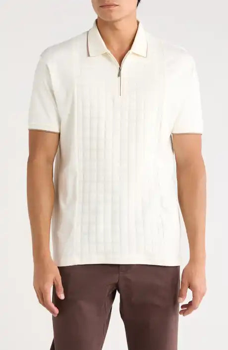 denim and flower Zip Contrast Polo