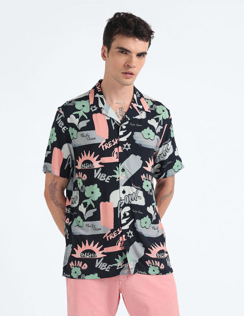 Flying Machine Cuban Collar Graphic Print Shirt
