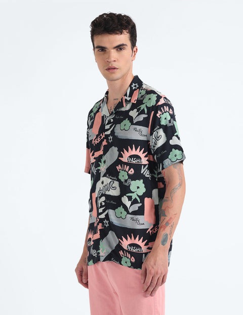 Flying Machine Cuban Collar Graphic Print Shirt