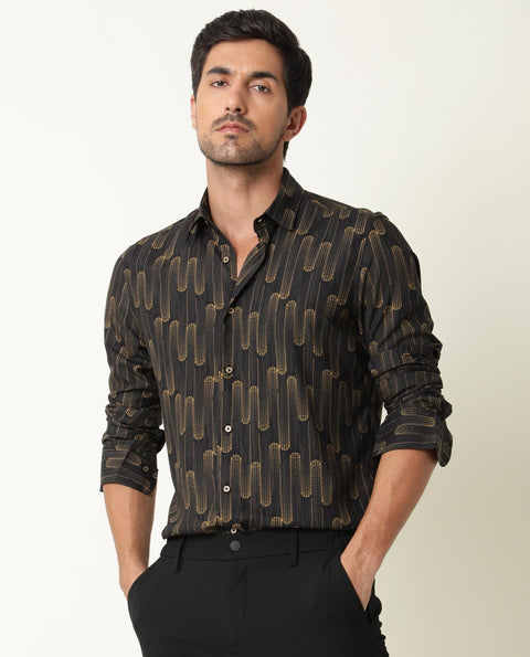 BUY RARE RABBIT REGULAR FIT ABSTRACT PRINT SHIRT MARSHEY - BLACK