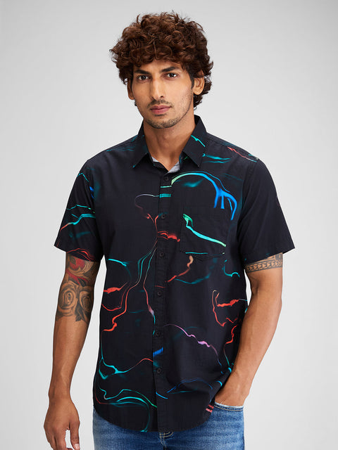 BUY SPYKAR BLACK HALF SLEEVES COTTON SLIM FIT PRINTED SHIRT FOR MEN
