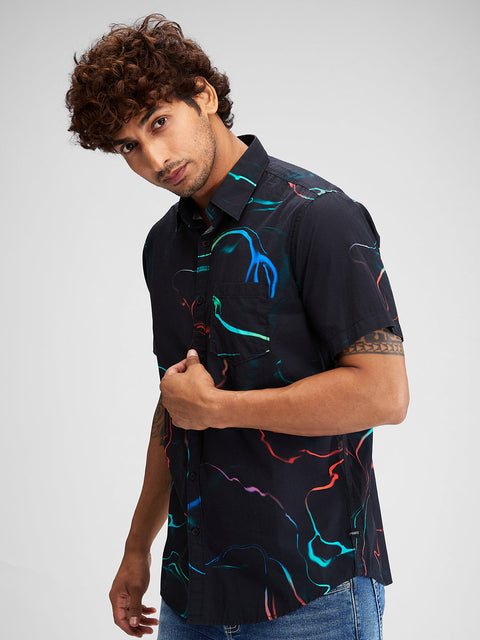 BUY SPYKAR BLACK HALF SLEEVES COTTON SLIM FIT PRINTED SHIRT FOR MEN