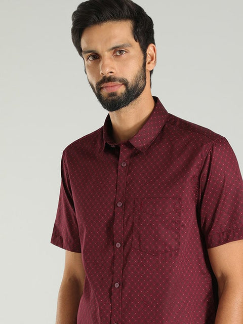 Indian terrain Dark Red Men Printed Half Sleeve Cotton Blend Shirt