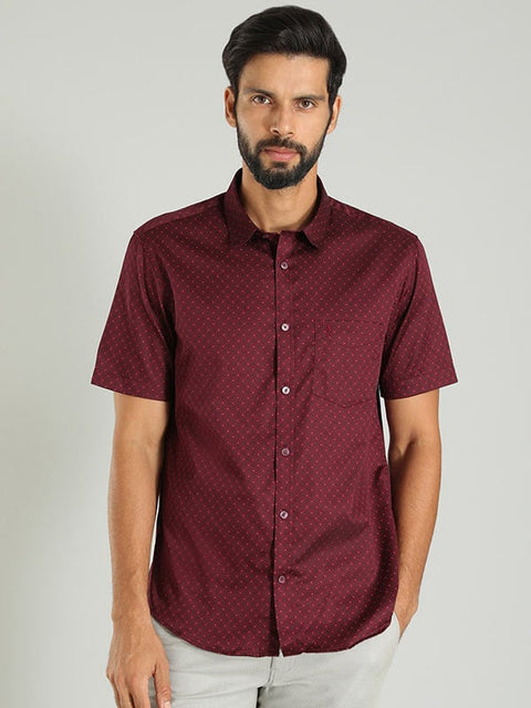 Indian terrain Dark Red Men Printed Half Sleeve Cotton Blend Shirt