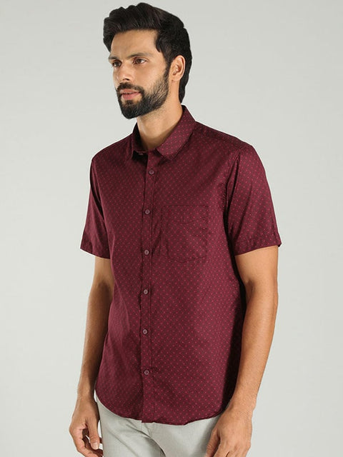 Indian terrain Dark Red Men Printed Half Sleeve Cotton Blend Shirt