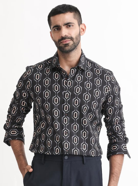 BUY RARE RABBIT MEN PRINTED REGULAR FIT CASUAL SHIRT - BLACK