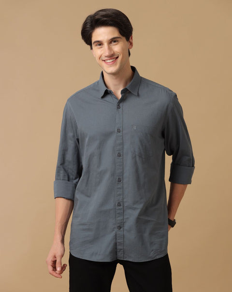 Linen Club Studio Men's Blended Linen Grey Solid Contemporary Fit Full Sleeve Casual Shirt