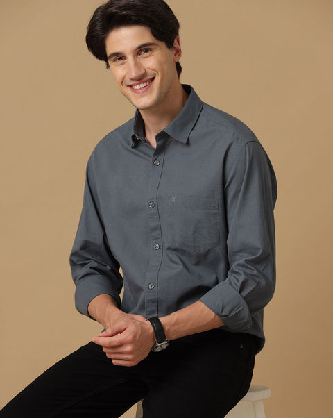 Linen Club Studio Men's Blended Linen Grey Solid Contemporary Fit Full Sleeve Casual Shirt