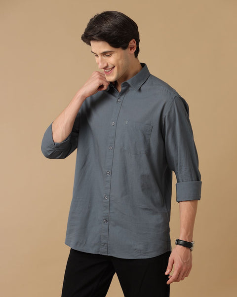 Linen Club Studio Men's Blended Linen Grey Solid Contemporary Fit Full Sleeve Casual Shirt