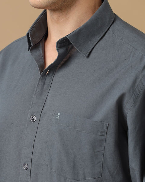 Linen Club Studio Men's Blended Linen Grey Solid Contemporary Fit Full Sleeve Casual Shirt