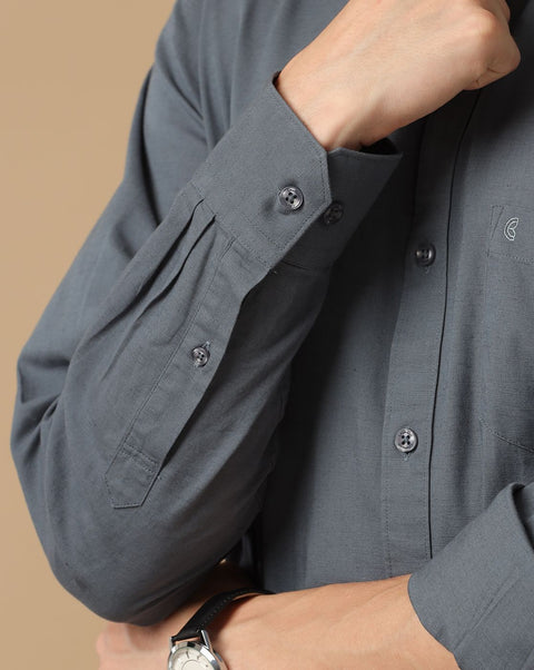 Linen Club Studio Men's Blended Linen Grey Solid Contemporary Fit Full Sleeve Casual Shirt