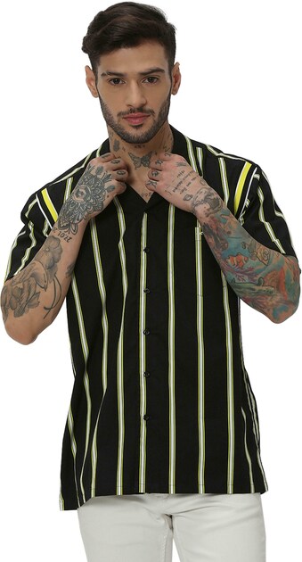 MUFTI BLACK AND YELLOW PRINTED STRIPE SHIRTS