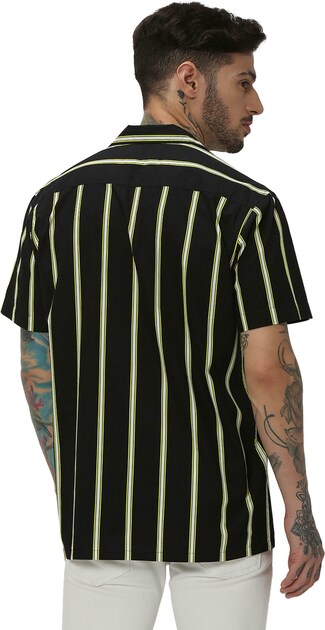 MUFTI BLACK AND YELLOW PRINTED STRIPE SHIRTS