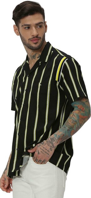 MUFTI BLACK AND YELLOW PRINTED STRIPE SHIRTS
