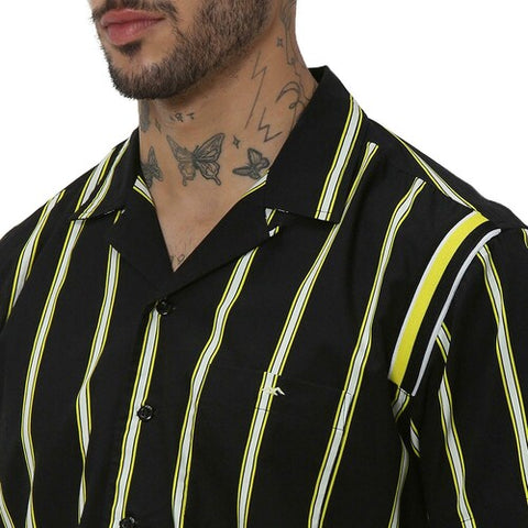 MUFTI BLACK AND YELLOW PRINTED STRIPE SHIRTS