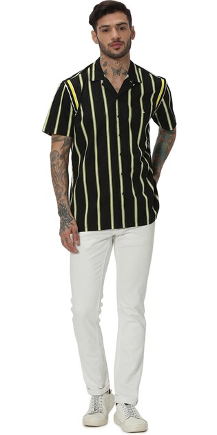 MUFTI BLACK AND YELLOW PRINTED STRIPE SHIRTS