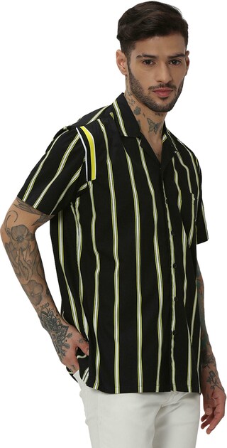 MUFTI BLACK AND YELLOW PRINTED STRIPE SHIRTS