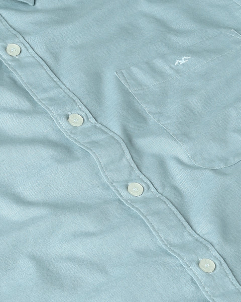 Mufti Turquoise Cotton Linen Plain Slim Fit Casual Shirt