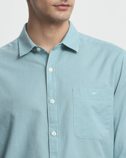 Mufti Turquoise Cotton Linen Plain Slim Fit Casual Shirt